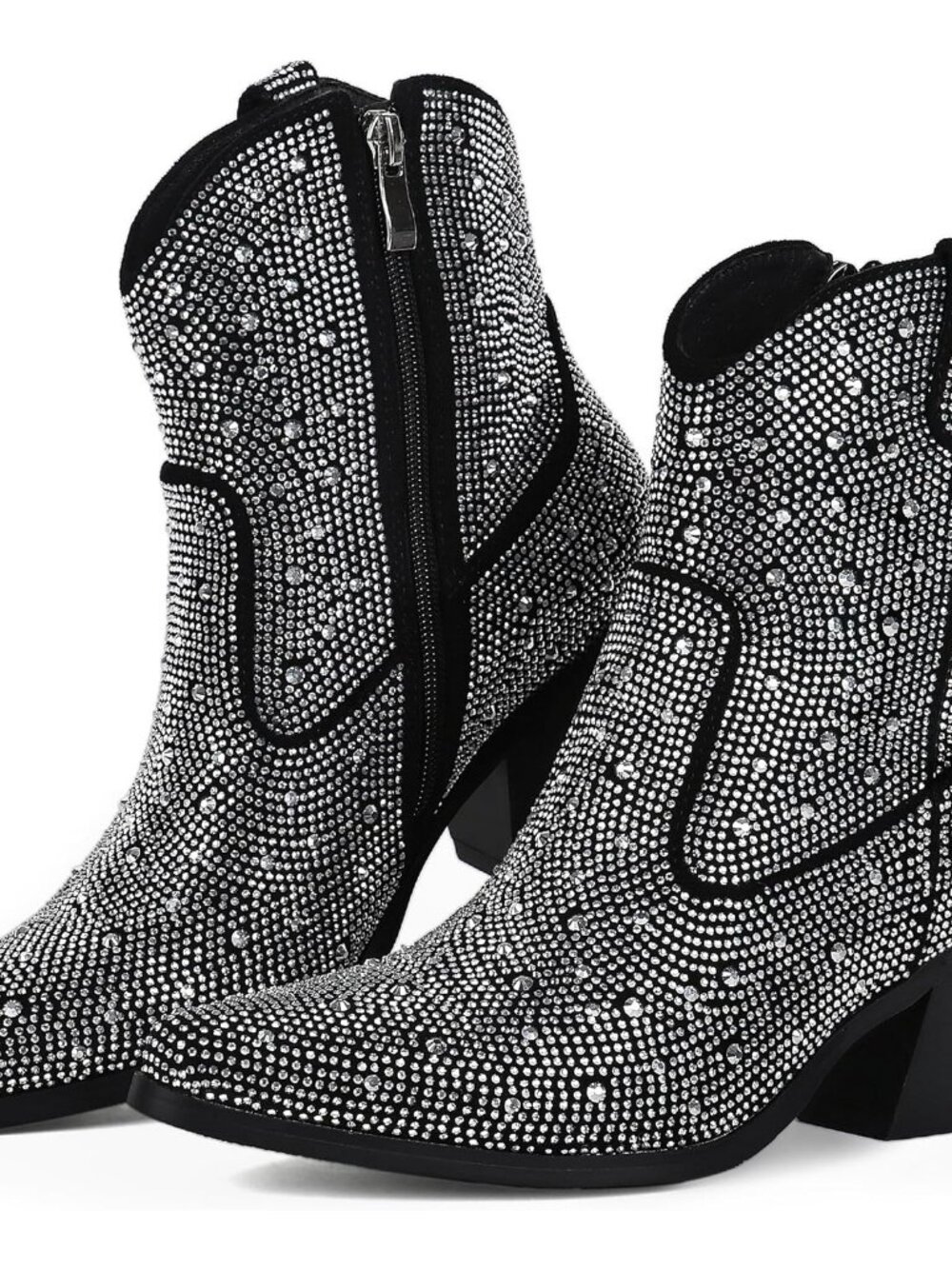 Women's Black Rhinestone Boots Glitter Chunky Heel Sparkly Cowgirl Ankle Boots - Picture 2 of 6